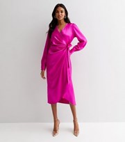 New Look Bright Pink Satin V Neck Tie Side Long Sleeve Midi Wrap Dress